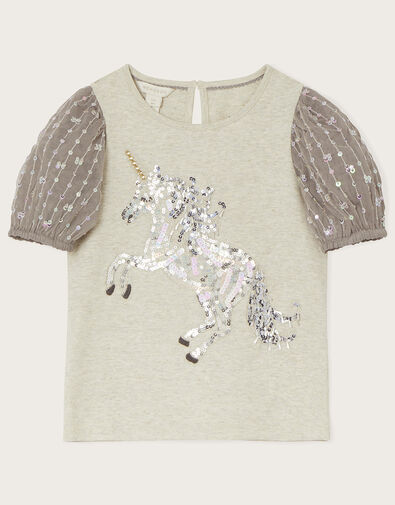 Sequin Unicorn Puff Sleeve Top, Grey (GREY), large