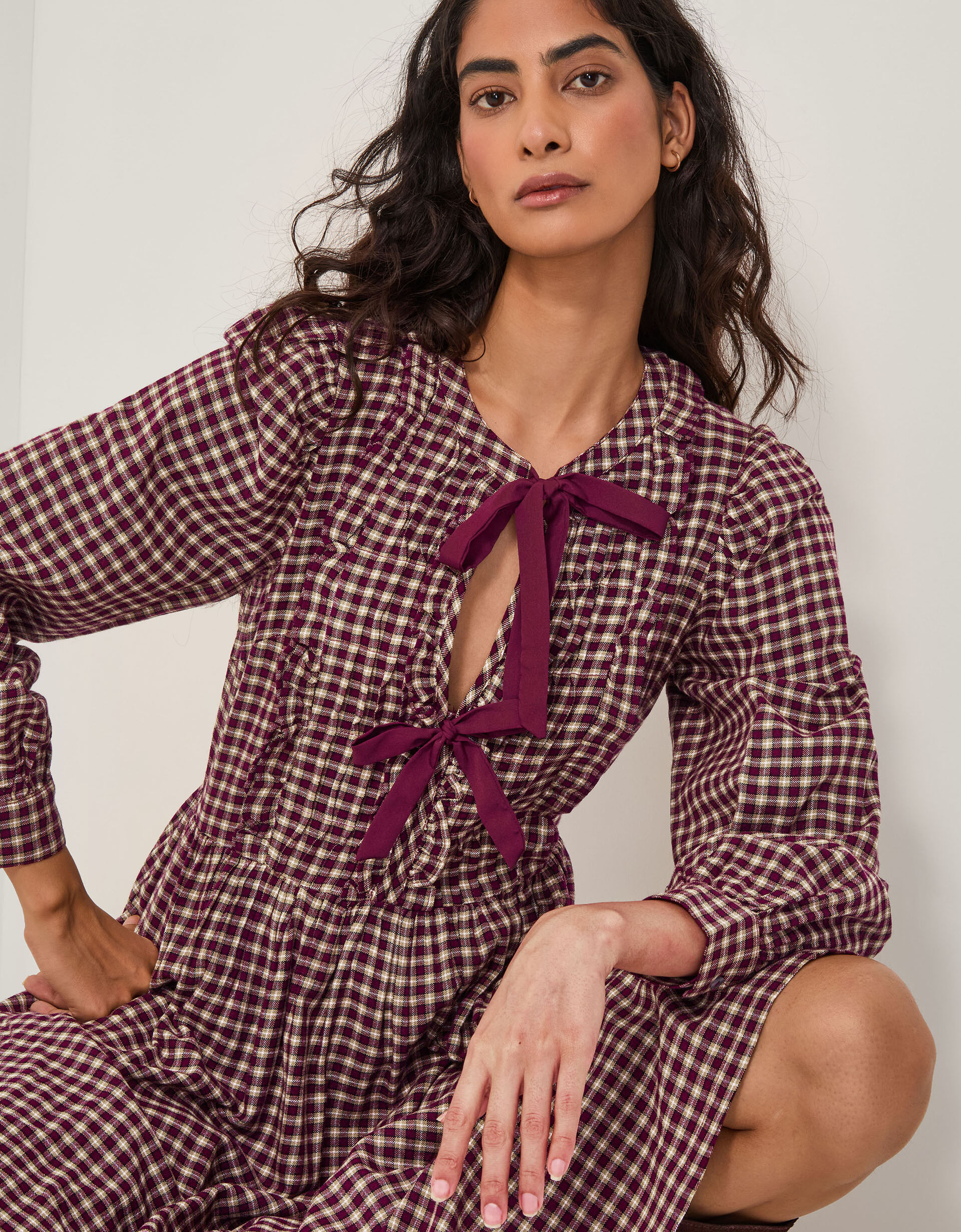 Agatha Tie Front Check Midi Dress Red