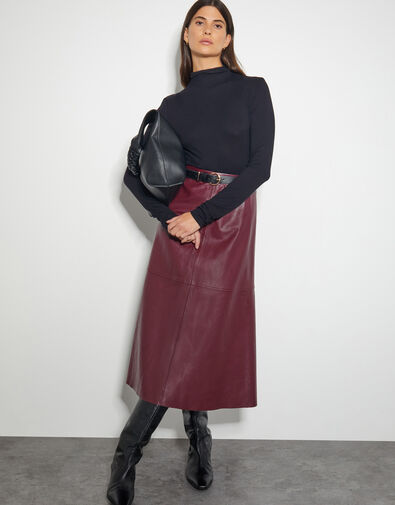 Pippa Faux Leather Midi Skirt, Red (BURGUNDY), large