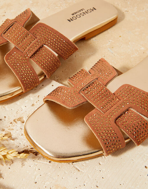 Embellished Heat-Seal Suede Flat Sandals, Gold (GOLD), large