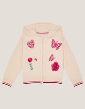 Floral Butterfly Embroidered Zip-Up Hoodie, White (WHITE), large