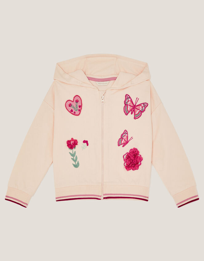 Floral Butterfly Embroidered Zip-Up Hoodie, White (WHITE), large