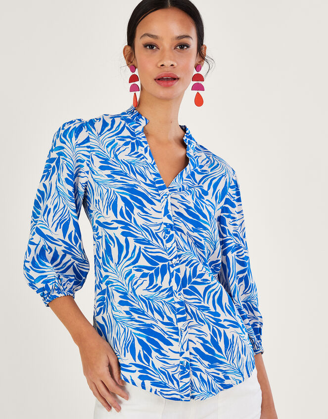 Florence Leaf Print Blouse in Sustainable Viscose, Blue (BLUE), large