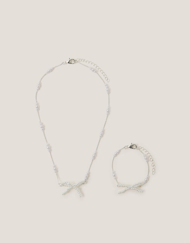 Pearl Bow Necklace & Bracelet Set, , large