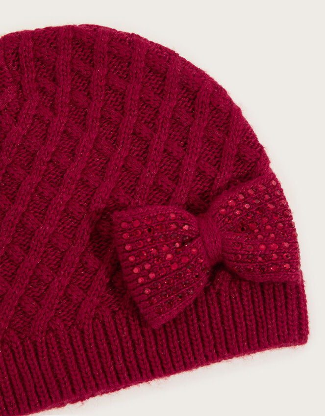 Knit Bow Beanie with Recycled Polyester, Red (RED), large