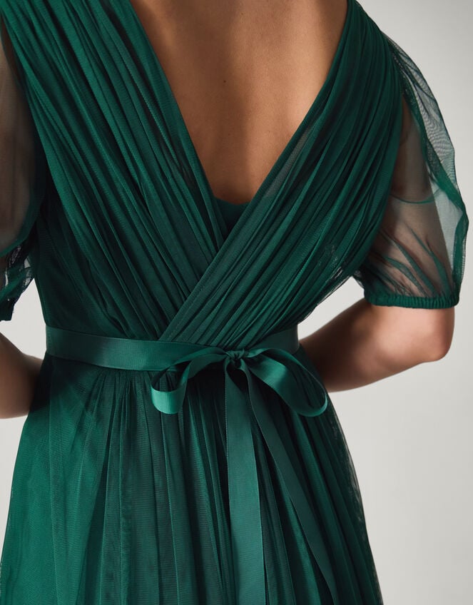 Ellie Sheer Sleeve Plunge Tulle Maxi Dress Green