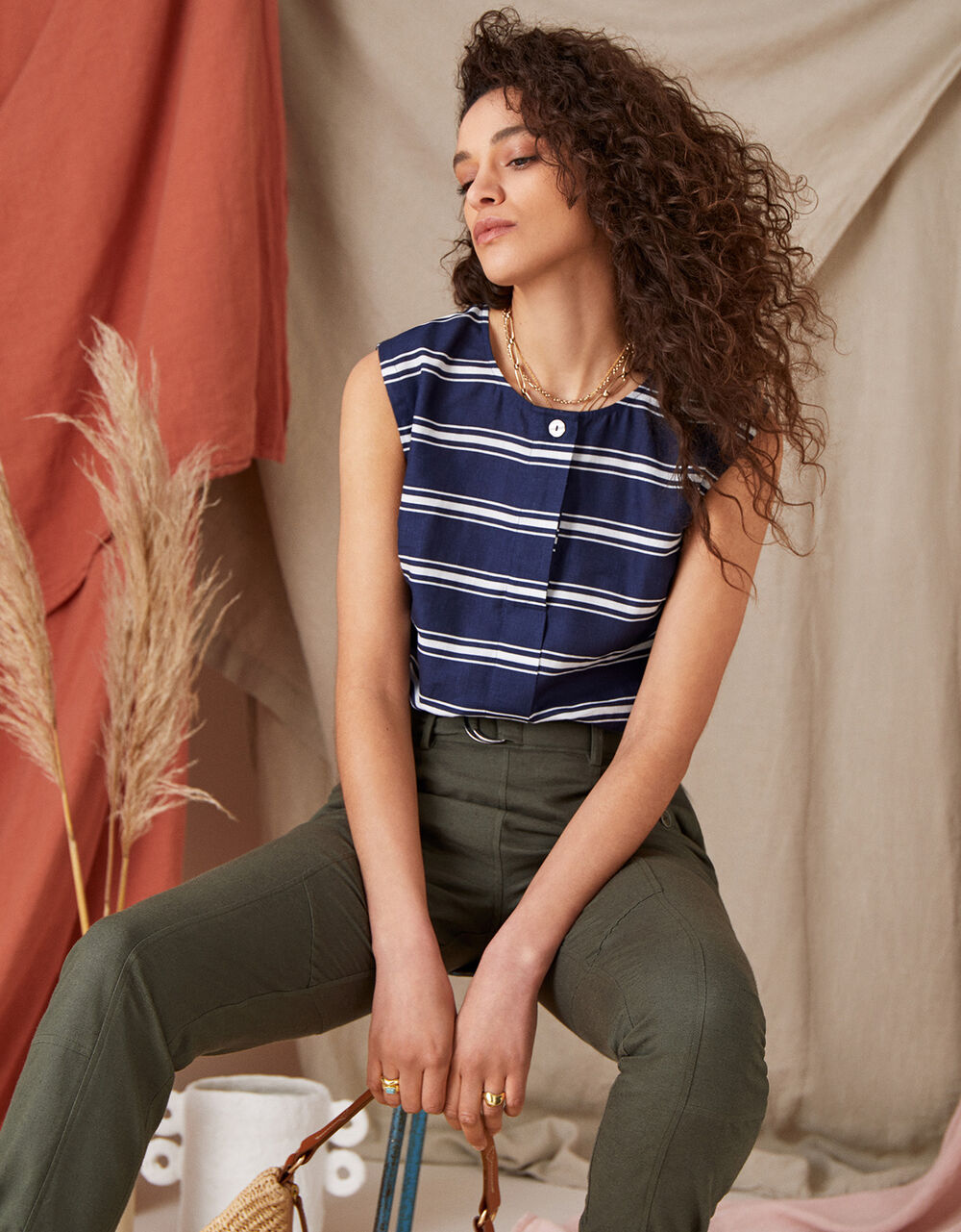 Women Women's Clothing | Stripe Sleeveless Top in Linen Blend Blue - MR84395