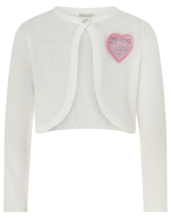 Knitted Cardigan with Sequin Heart Badge, Ivory (IVORY), large