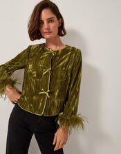 Olivia Feather Cuff Velvet Jacket, Green (OLIVE), large