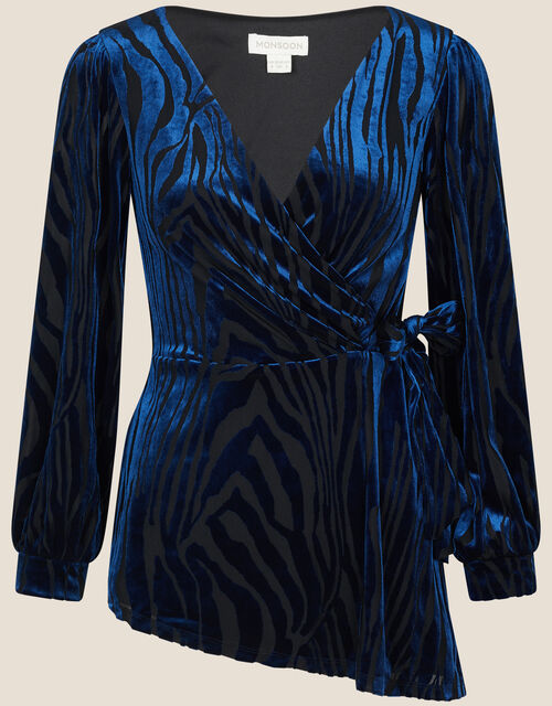 Delia Devore Long Sleeve Wrap Top, Blue (NAVY), large