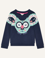 Owl Applique Embellished Sweatshirt, Blue (NAVY), large
