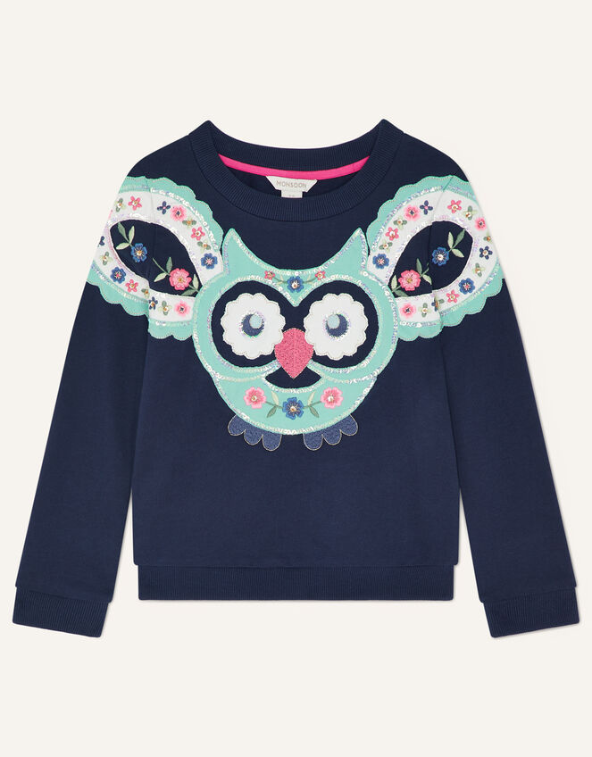 Owl Applique Embellished Sweatshirt, Blue (NAVY), large