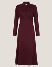 Polly Ponte Jersey Midi Shirt Dress, Red (BURGUNDY), large