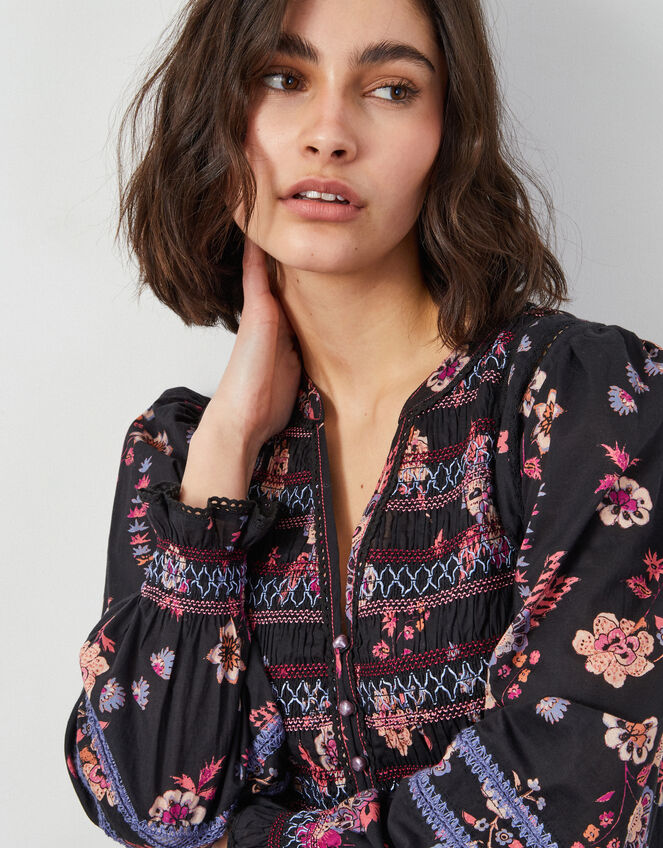 East Madison Long Sleeve Floral Midi Dress, Black (BLACK), large