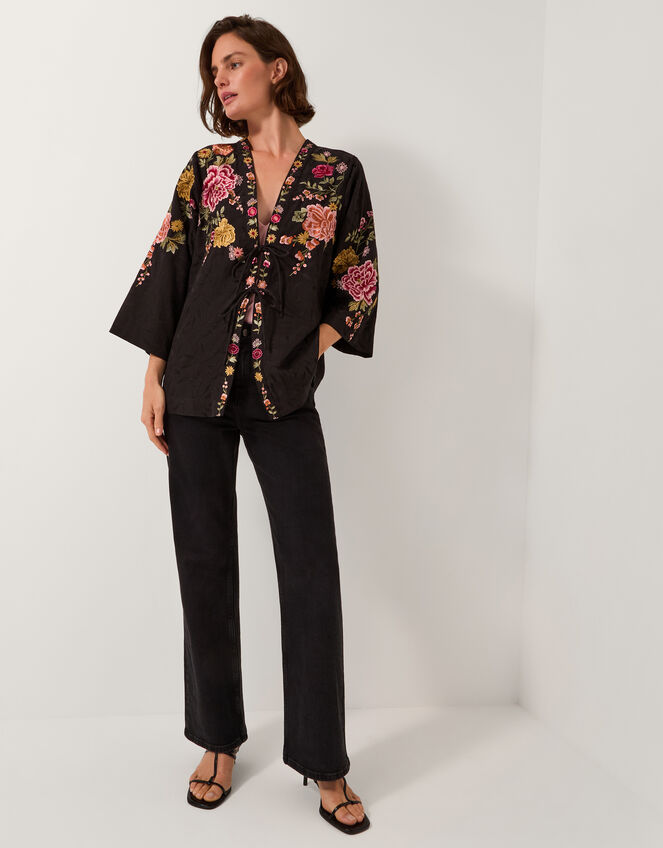 Maggie Tie-Front Embroidered Kimono, Black (BLACK), large