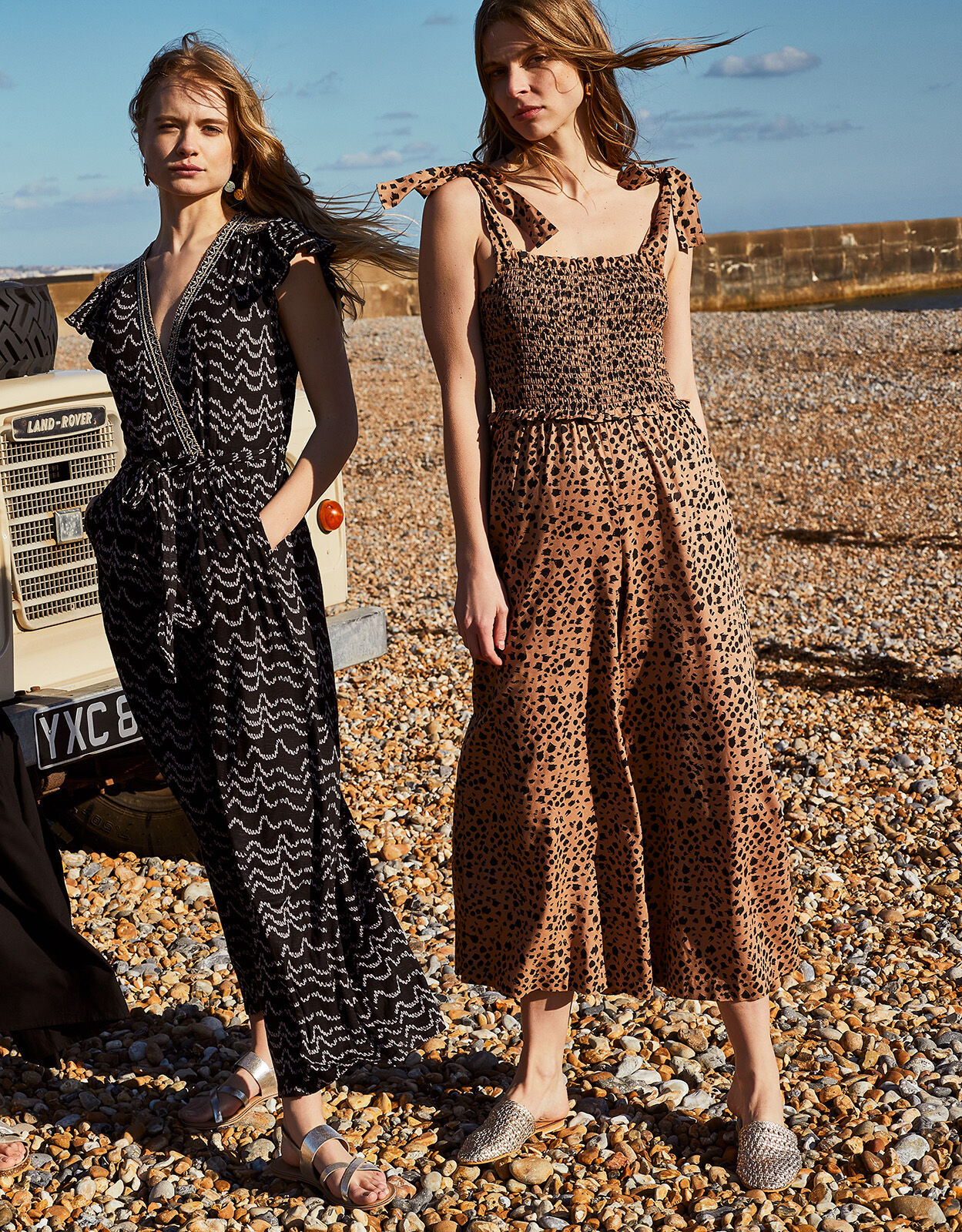 Animal Print Shirred Jumpsuit Natural