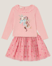 Sequin Unicorn Top & Floral Mesh Skirt Set, Pink (MAGENTA), large