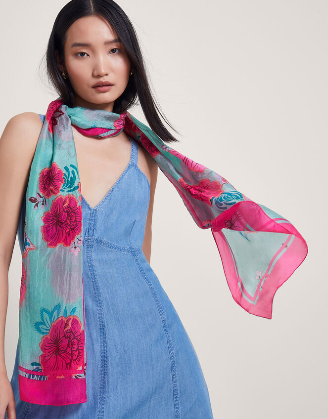 Flower Print Silk Scarf, , large