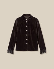 Tami Fringe Cuff Velvet Shirt, Brown (CHOCOLATE), large