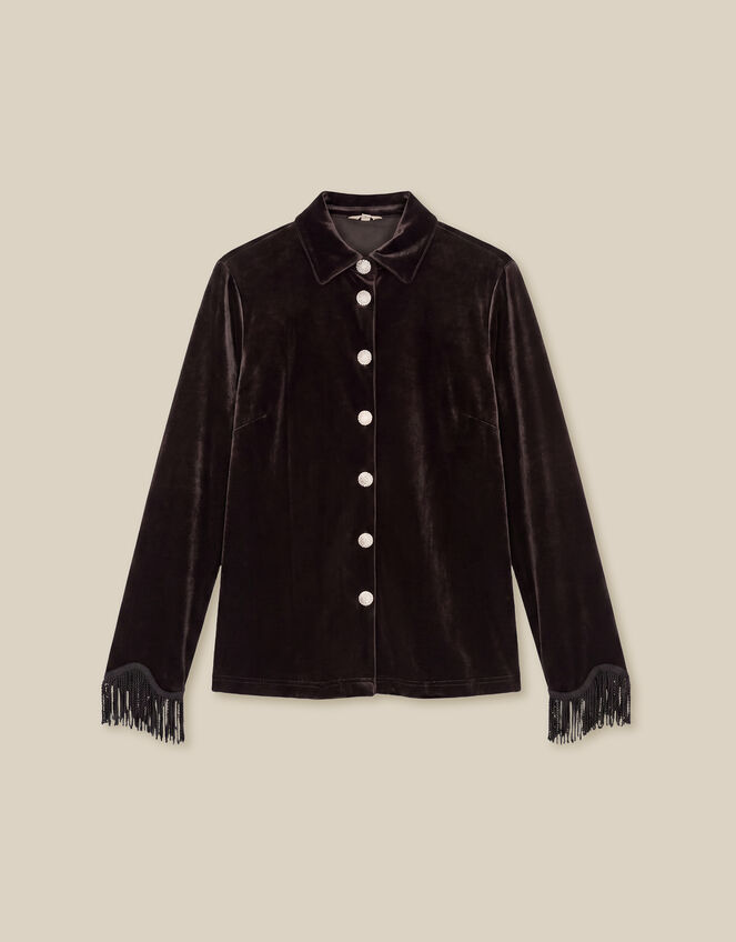Tami Fringe Cuff Velvet Shirt, Brown (CHOCOLATE), large