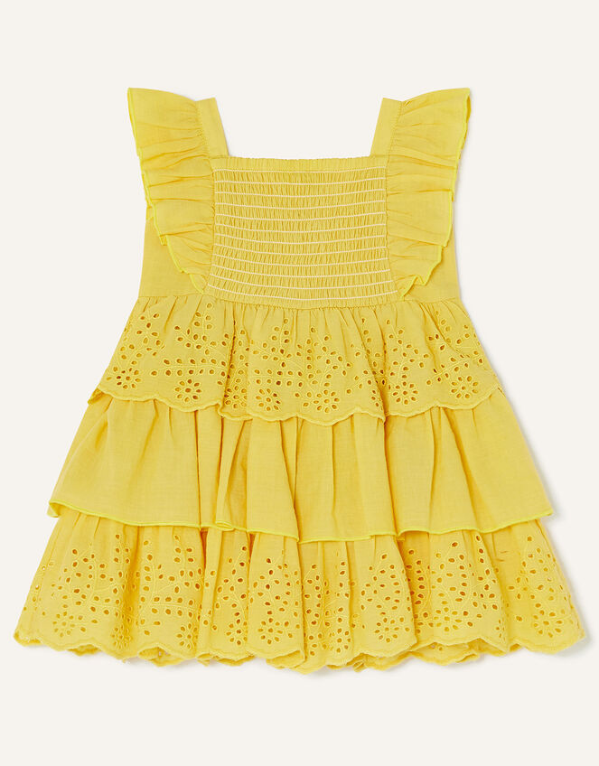 Baby Shirred Schiffli Dress in Sustainable Cotton, Yellow (YELLOW), large
