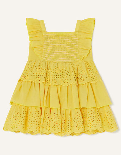 Baby Shirred Schiffli Dress in Sustainable Cotton Yellow, Yellow (YELLOW), large