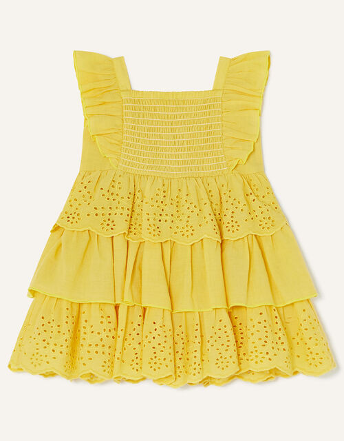 Baby Shirred Schiffli Dress in Sustainable Cotton, Yellow (YELLOW), large