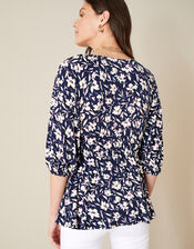 Mid Scale Floral Print V-Neck Jersey Top, Blue (NAVY), large