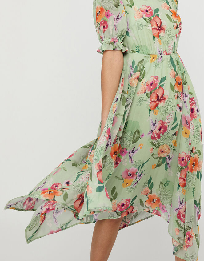 Hermione Floral Hanky Hem Tea Dress, Green (GREEN), large