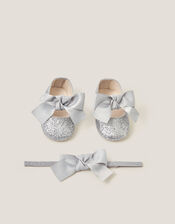 Baby Bow Glitter Headband & Booties Set, Silver (SILVER), large