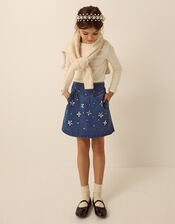 Jewel Flower Denim Skirt, Blue (BLUE), large