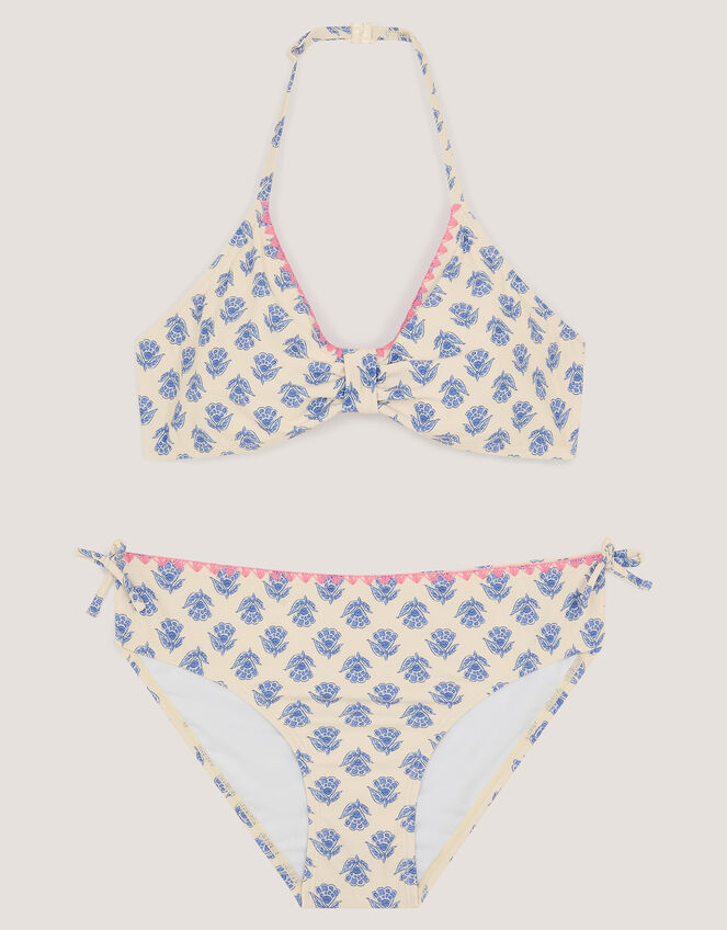 Floral Print Halter Bikini Set, White (WHITE), large
