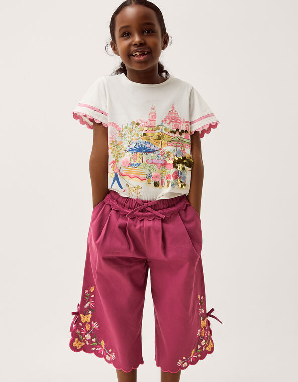 Floral Embroidered Scallop Trim Trousers, Pink (MAGENTA), large