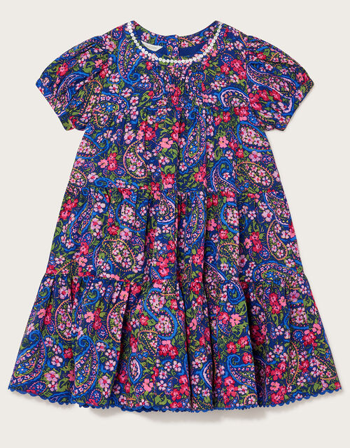 Paisley Tiered Dress in Recycled Polyester, Blue (NAVY), large
