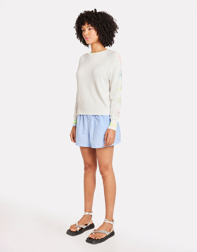Wispr Floral Embroidery Crew Neck Jumper, White (WHITE), large