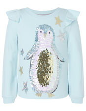Sequin Penguin Christmas Top in Organic Cotton, Blue (BLUE), large