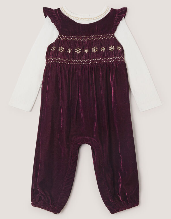 Baby Top & Smocked Velvet Dungarees Set, Red (RED), large