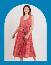 East Skye Pintuck Midi Dress in Organic Cotton, Red (RED), large