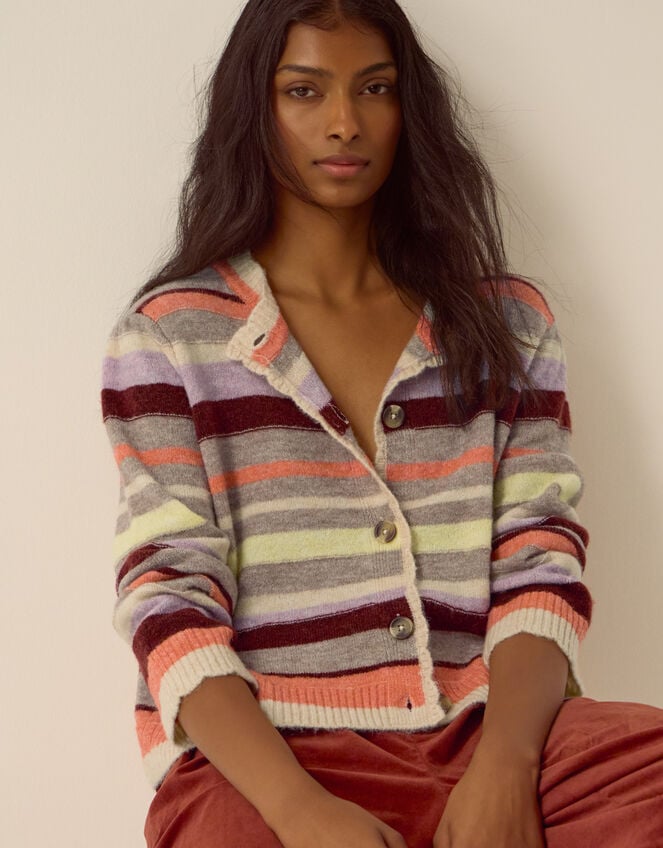 Sienna Stripe Crew Neck Cardigan, Mink (MINK), large