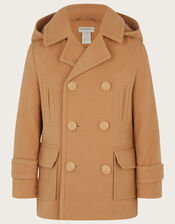 Double Breasted Peacoat with Hood, Camel (CAMEL), large