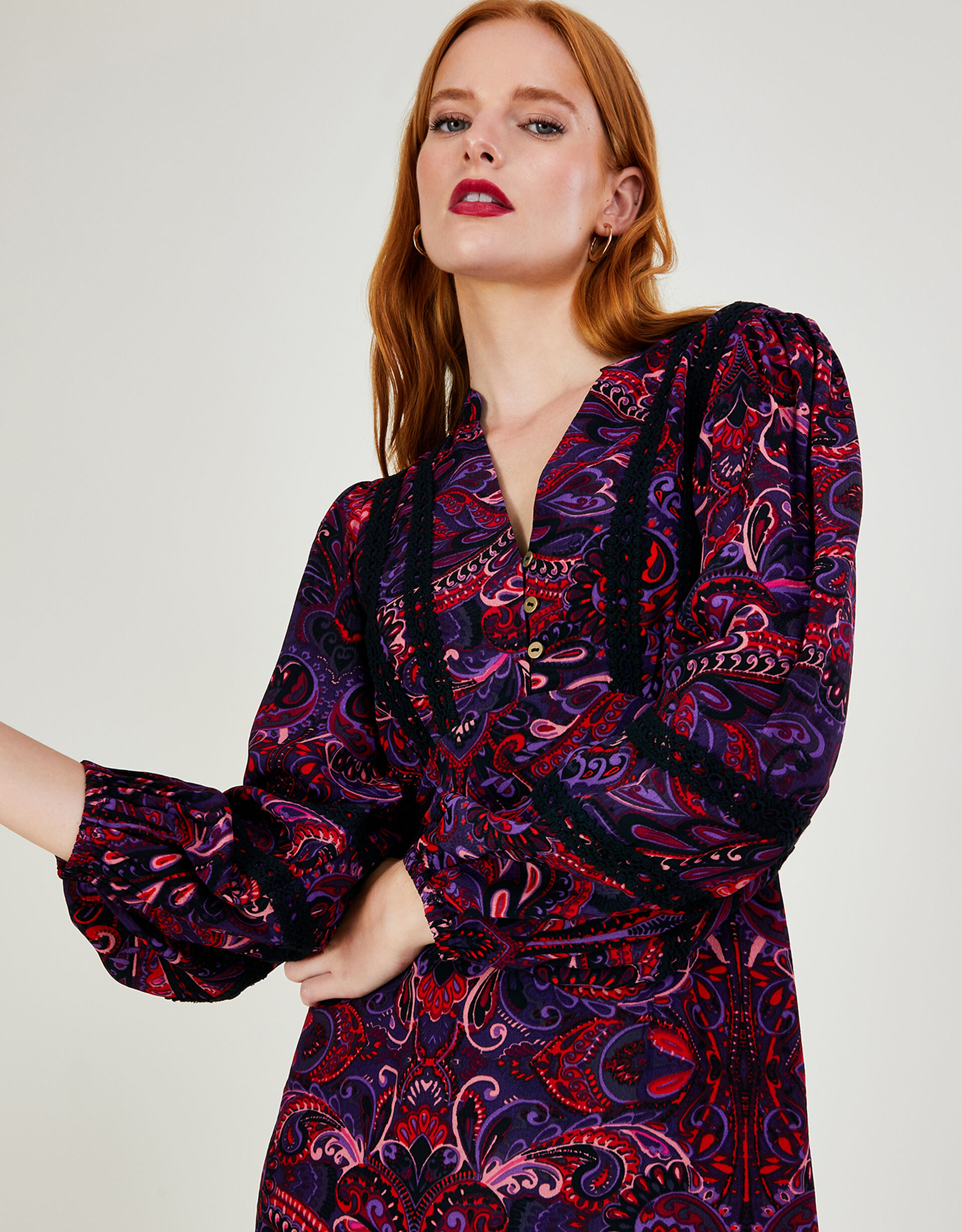 Paisley Print Lace Up Midi Dress