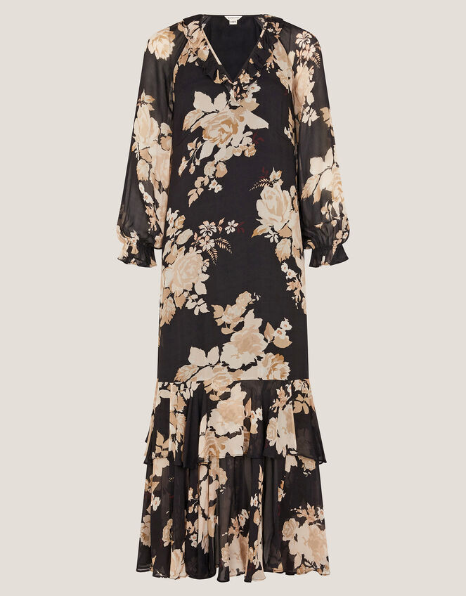 Rowena Floral Print Ruffle Maxi Dress, Black (BLACK), large