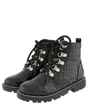 Patent Croc Lace-Up Ankle Boots, Black (BLACK), large