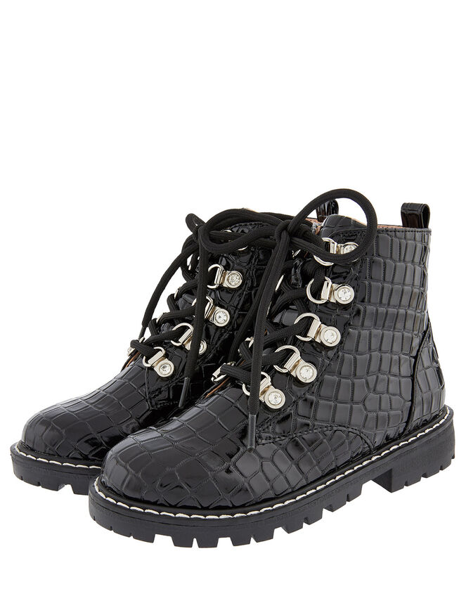 Patent Croc Lace-Up Ankle Boots, Black (BLACK), large