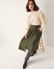 Jillian Pleated Kilt Midi Skirt , Green (KHAKI), large