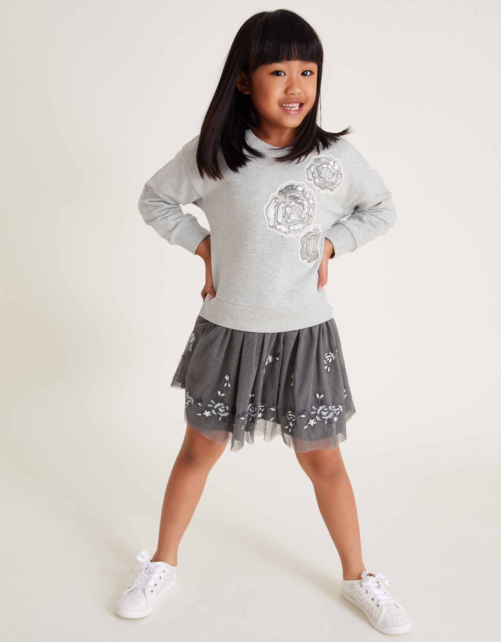 Rose Embellished 2 in 1 Sweatshirt Dress Grey