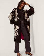 Fia Floral Embroidered Velvet Kimono, Black (BLACK), large