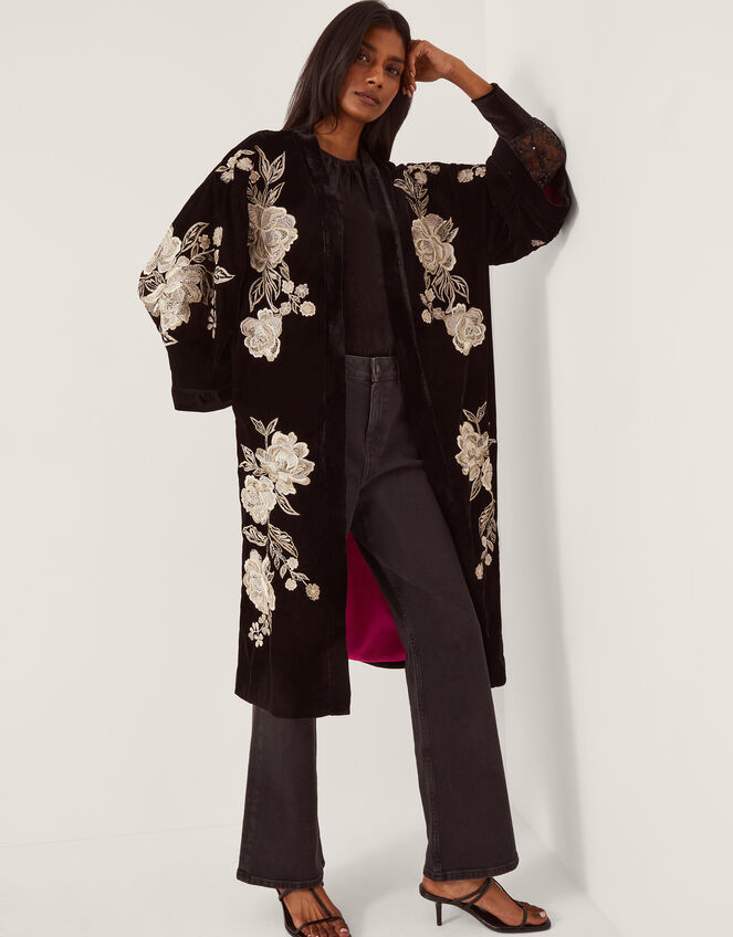 Fia Floral Embroidered Velvet Kimono, Black (BLACK), large
