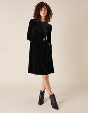 Hannah Crystal Brooch Stretch Velvet Dress, Black (BLACK), large