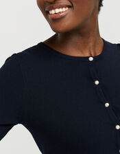 Mara Cropped Cardigan with Mock-Pearl Buttons, Blue (NAVY), large